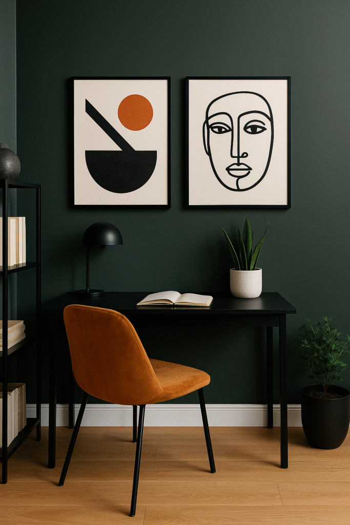 Bold Corners Mia2 Stylish study corner with dark green wall, black desk, ochre velvet chair, abstract geometric artwork, and decorative snake plant in a white ceramic pot.