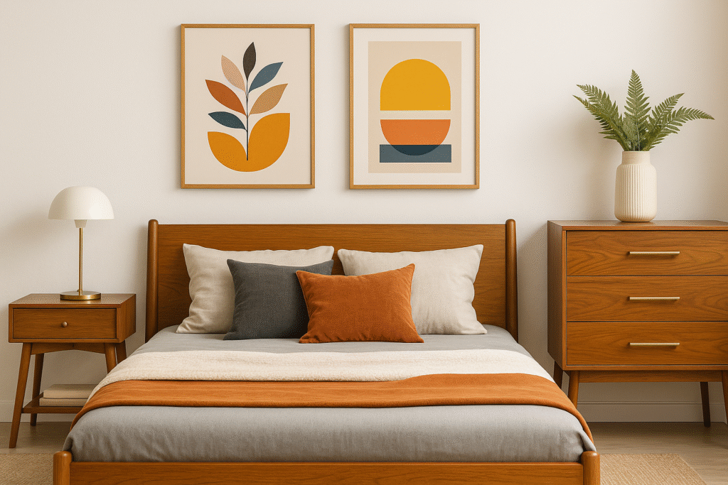 Guestroom Mia2 Mid-century modern guest room with colorful wall art and clean lines