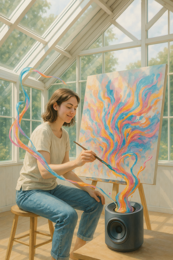 Vibrations in Motion: When Music Shapes the Brush Artist painting with colorful streams of sound flowing from a speaker, forming vivid patterns on a canvas in a bright studio.