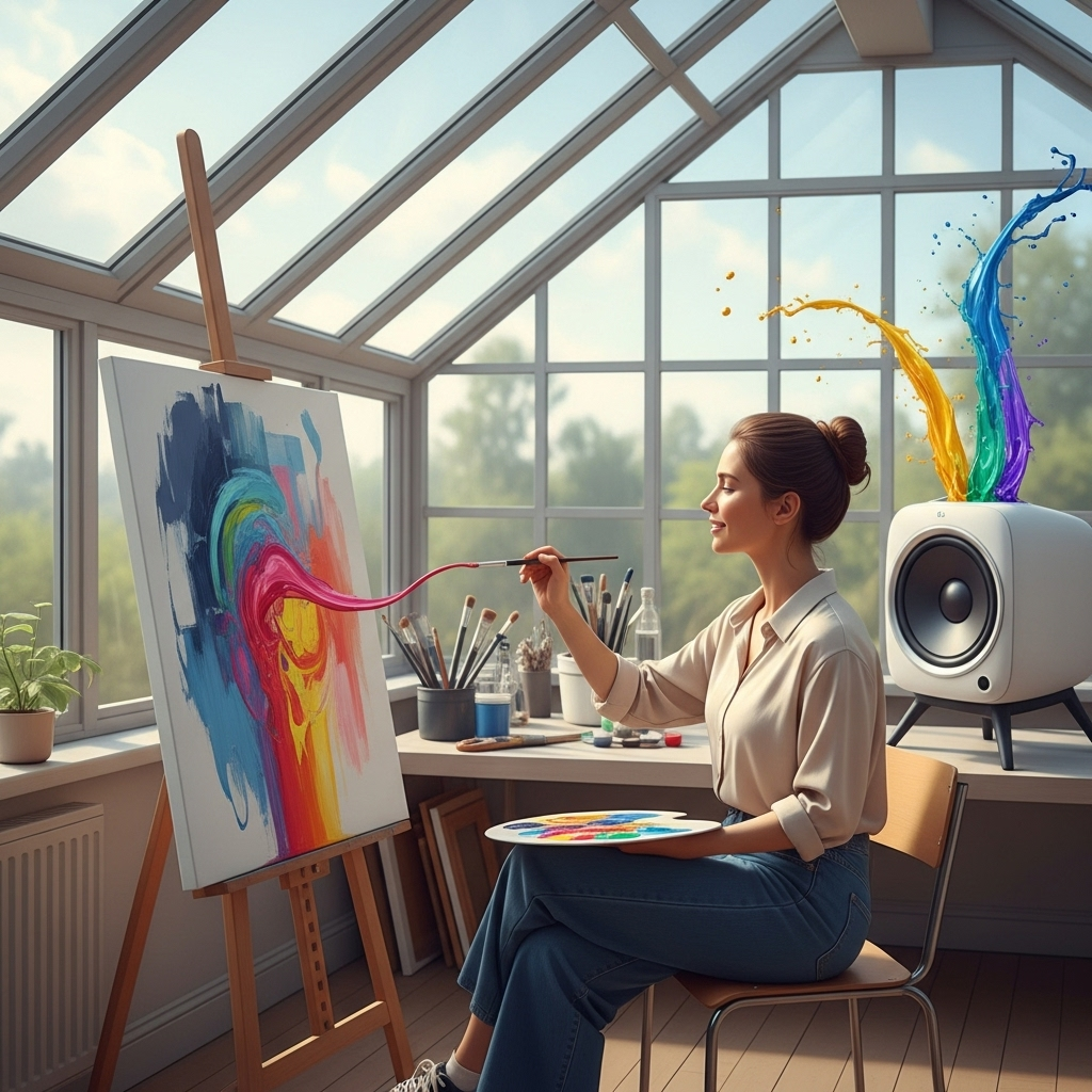 Sonic Explosion: The Visual Power of Music Female painter smiling while abstract sound bursts from a speaker in paint-like arcs, merging with her expressive canvas artwork.
