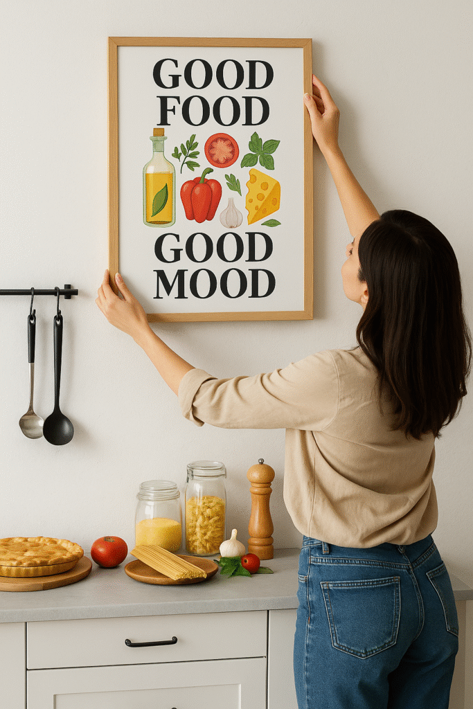 Mia Kitchen2 Modern kitchen interior with vibrant kitchen wall art, featuring colorful prints and natural lighting.