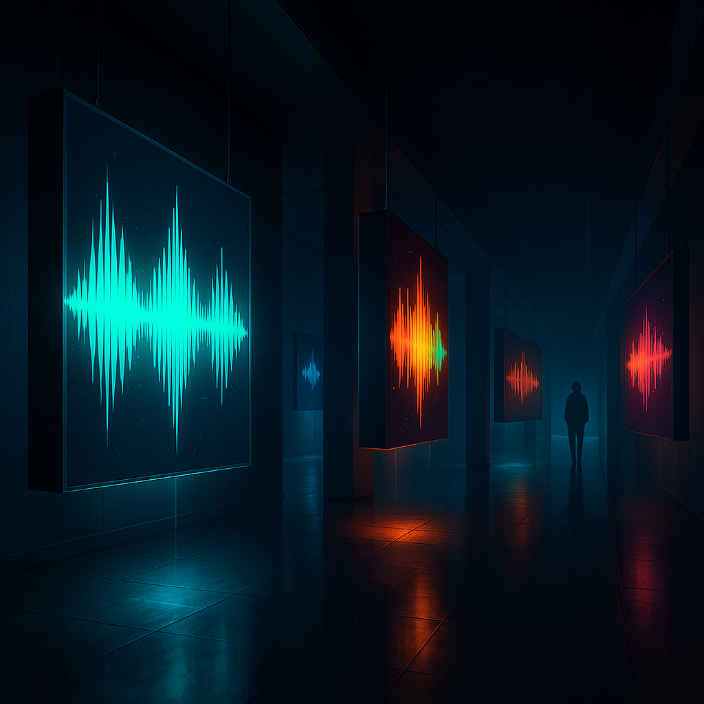 Mia linda, galeria de luces y sonidos Gallery showing glowing soundwave art in neon colors, reflecting audio energy in a dark immersive hall