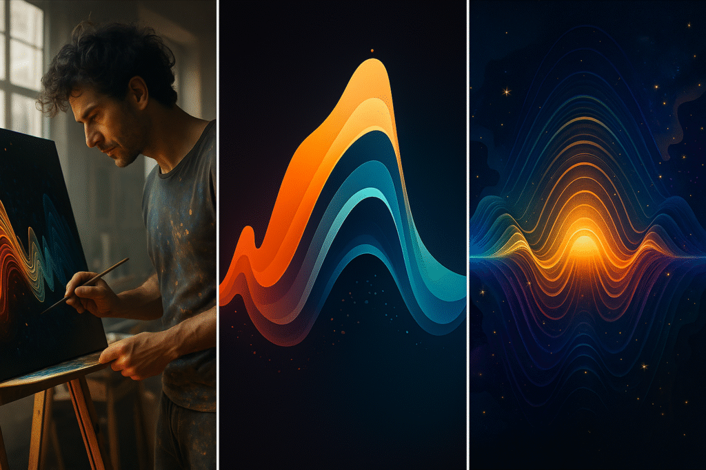 Mia y artista y luces con sonido Side-by-side comparison of soundwave art in digital, abstract, and realistic styles, showing visual diversity.