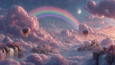 Neo gif children1 Magical kids fantasy art with rainbow balloons and floating castles in hyperreal style
