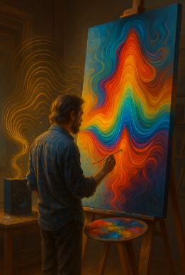 Screenshot (510) Painter creating colorful soundwave-inspired art on canvas, blending emotion, movement, and sonic rhythm.