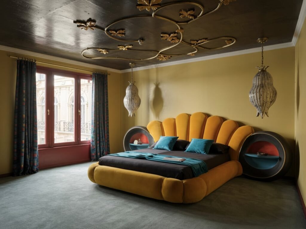 bed1 Calming bedroom retreat with bold yellow bed and artistic ceiling design featuring golden branches above for a unique wall art alternative