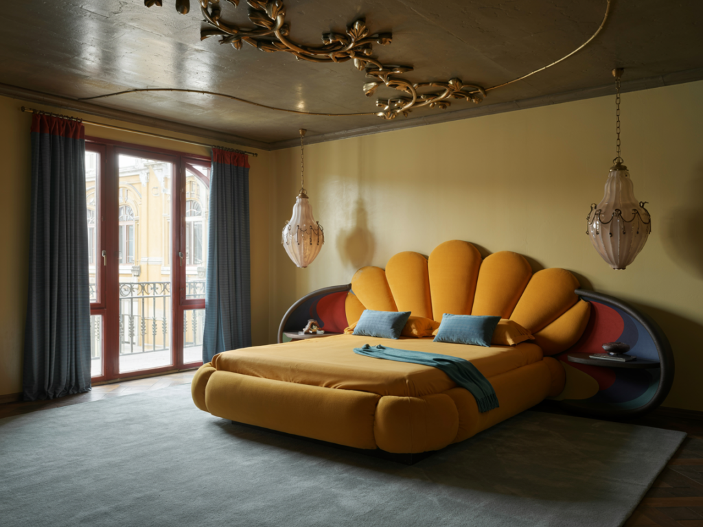 bed5 Modern bedroom with sculptural headboard and ceiling art installation creating a serene, inspiring atmosphere for rest