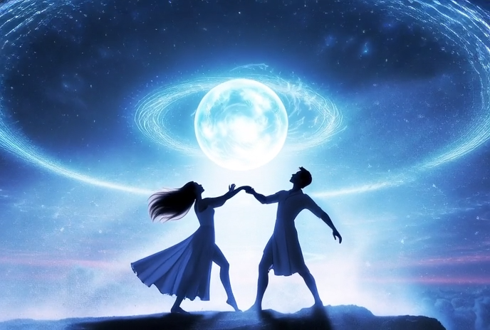 couple standing on a luminous cliff on Venus under a soft blue-violet atmospheric glow.