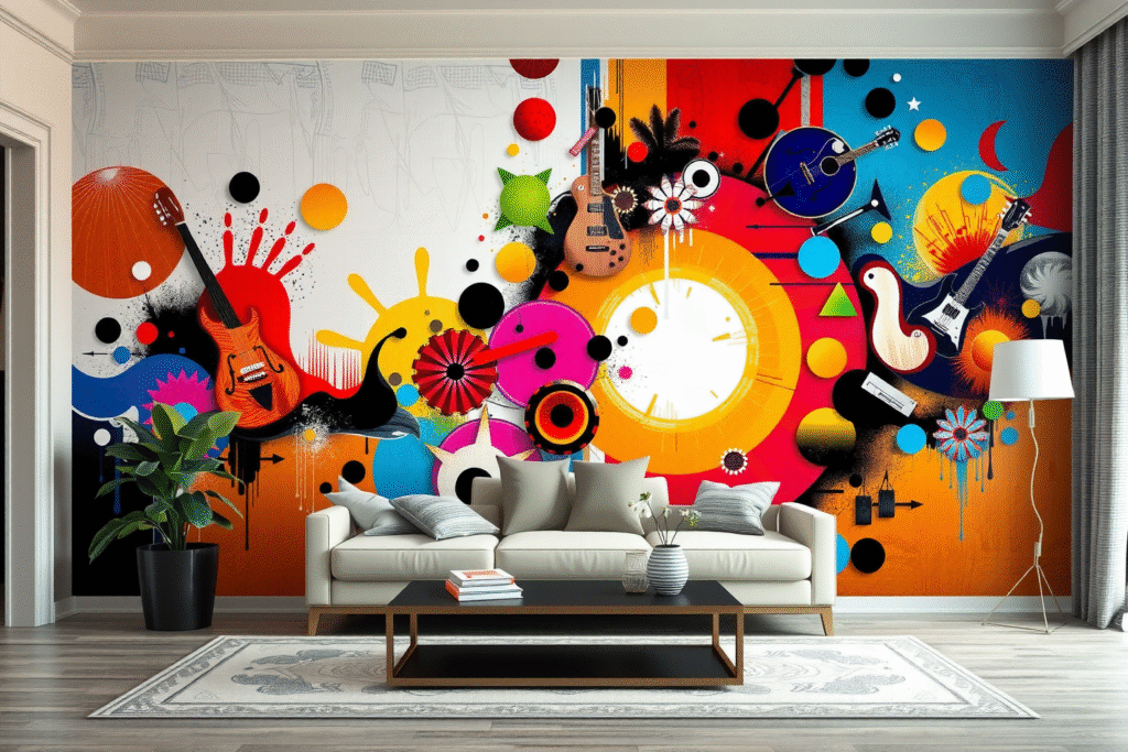 Colorful hall Colorful mural blending guitars and abstract shapes, representing the harmony of music and wall art in modern interior design.