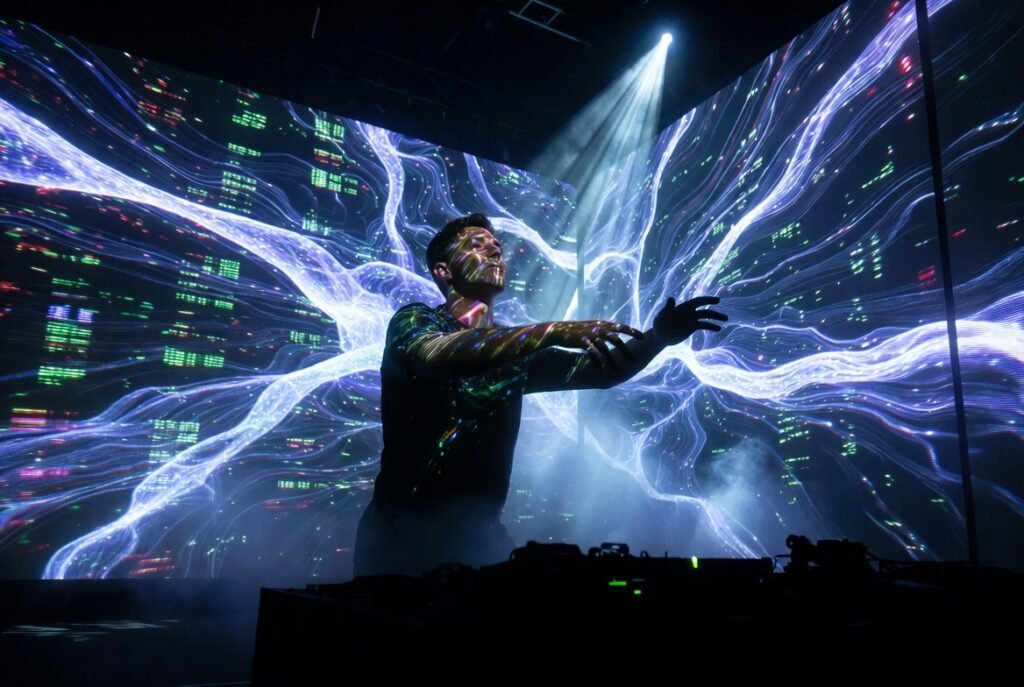 A performer controls a massive LED wall of AI-generated visuals, surrounded by hyperreal holographic light waves and dynamic projection-mapping effects.