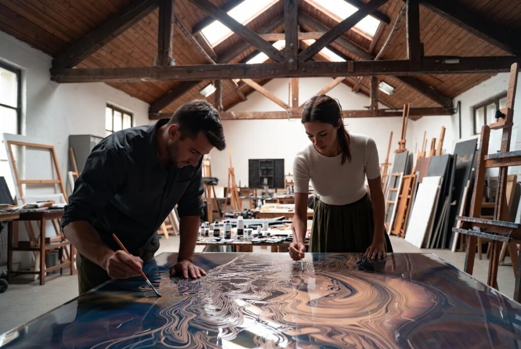 A man and woman paint with floating liquid colors generated by music, creating vibrant synesthetic artwork.