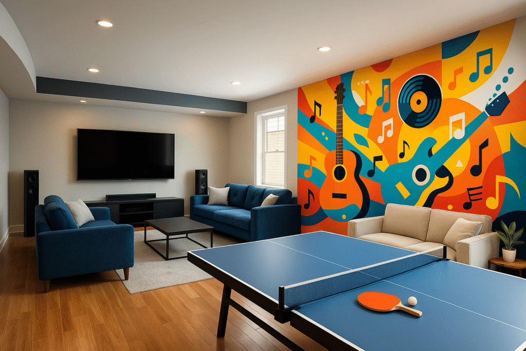 mia y su home theater Spacious recreation room with a vibrant music-themed mural beside a ping pong table, and a cozy home theater area featuring a large flat-screen TV and modern blue sofas on hardwood floors.