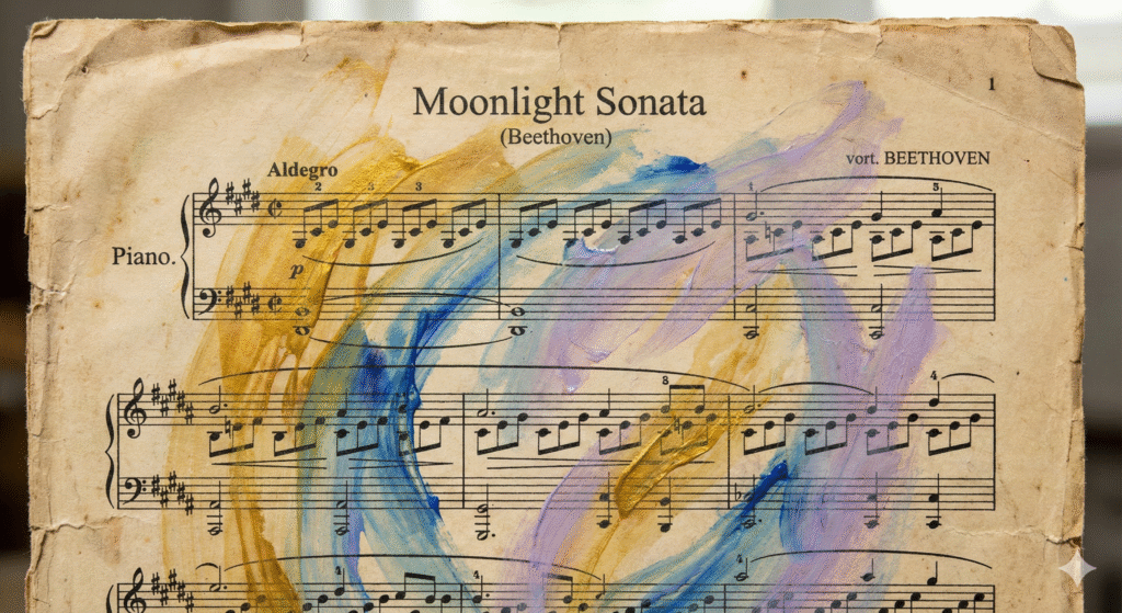 Sheet music partially covered with vivid abstract paint strokes, blending melody with visual art.