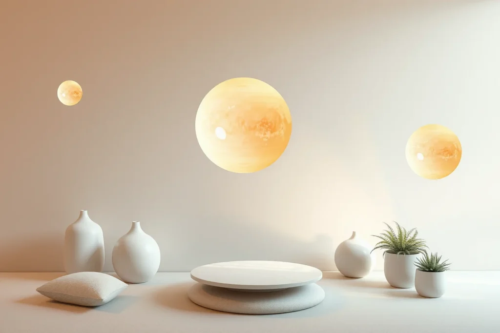 The floating spheres in the photo dance in a circular motion from left to right harmoniously and very smoothly to the rhythm of the beautiful music.