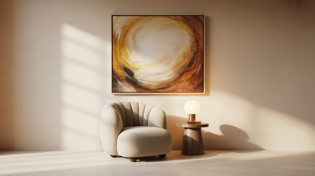 ideo print Wall art for home decor in a cozy reading nook with a modern armchair and abstract framed painting.
