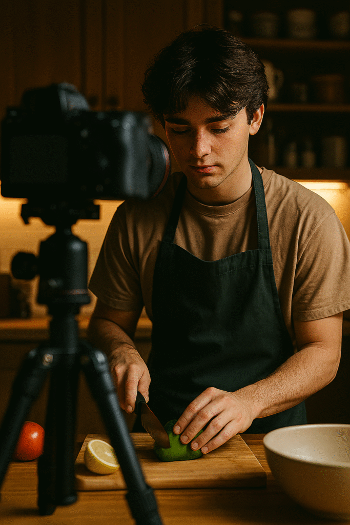 Beginner creator using tripod to film cooking tutorial at home