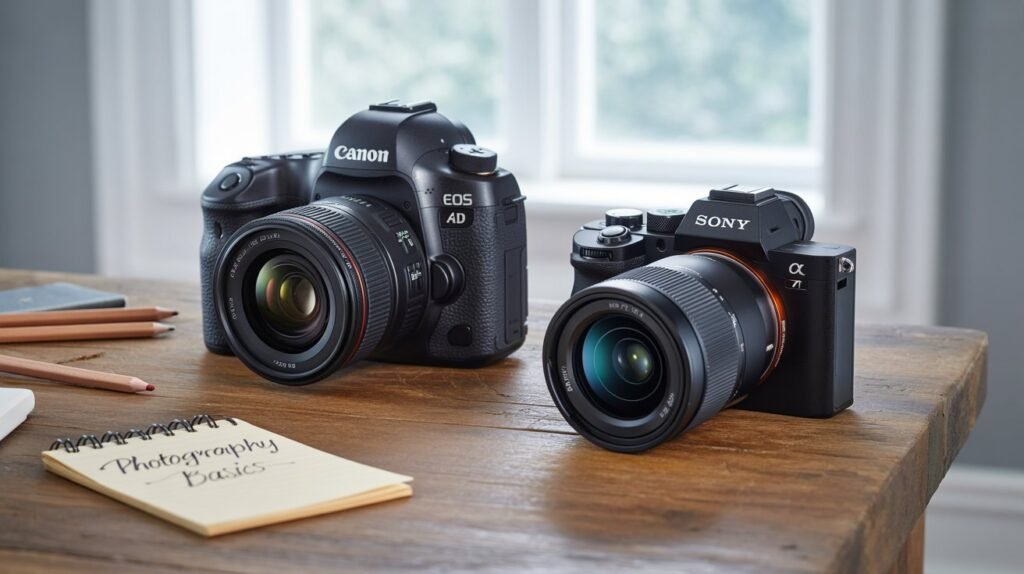 DSLR and mirrorless beginner cameras side by side on desk