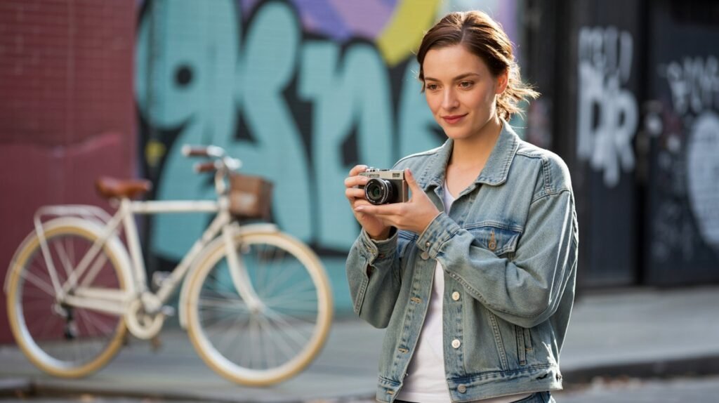 Beginner photographer with compact camera in urban setting, lifestyle image