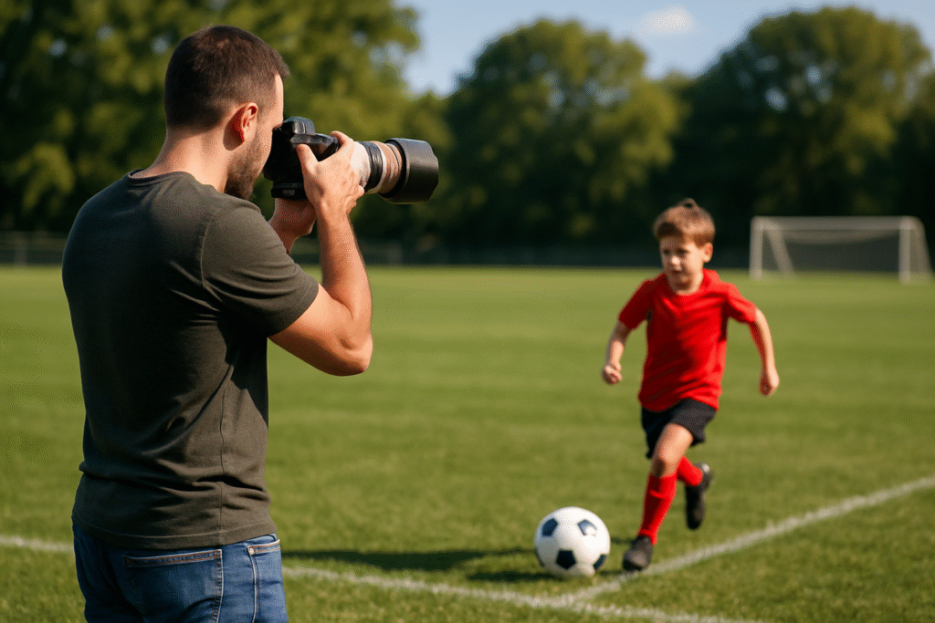 Father at the sideline using a telephoto lens from a distance to photograph his son running with a soccer ball