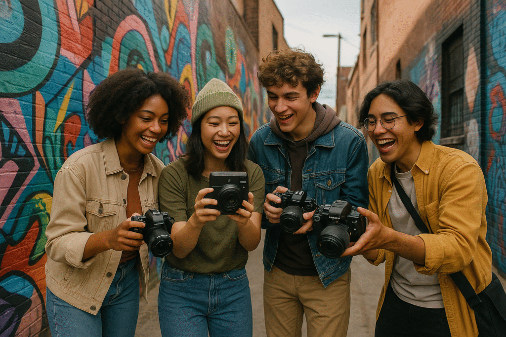 Group of beginners exploring photography together in city alley with colorful murals