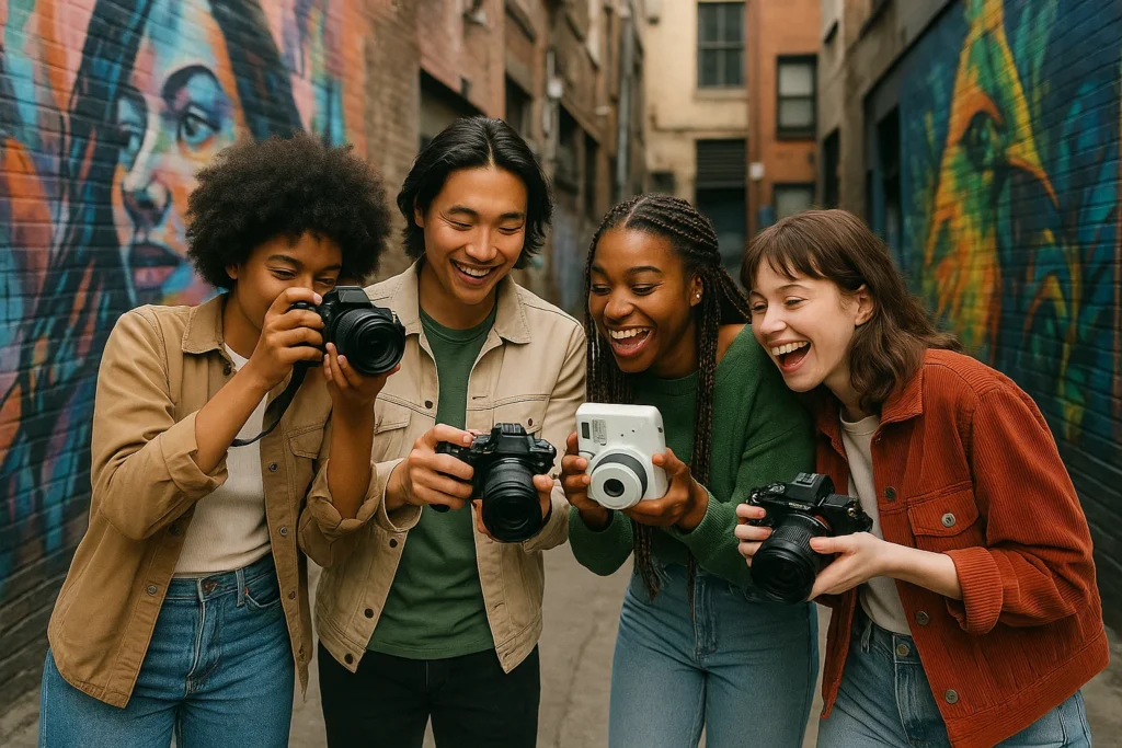 Group of beginners exploring photography together in city alley with colorful murals2