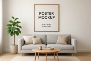 Minimalist poster mockup above a grey sofa with indoor plant – best layout tools 2025 for digital wall art