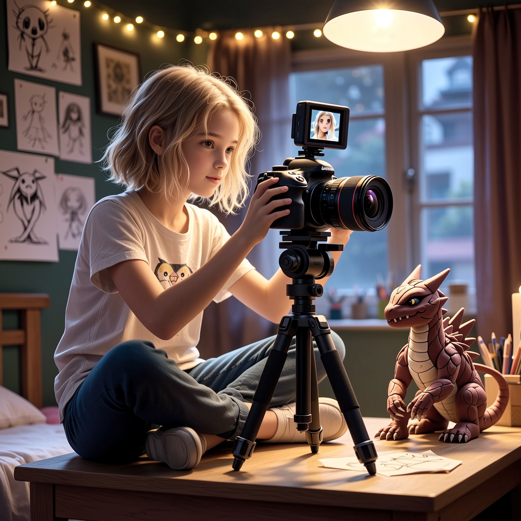 Teen beginner photographing handmade art project with tripod in creative bedroom setup