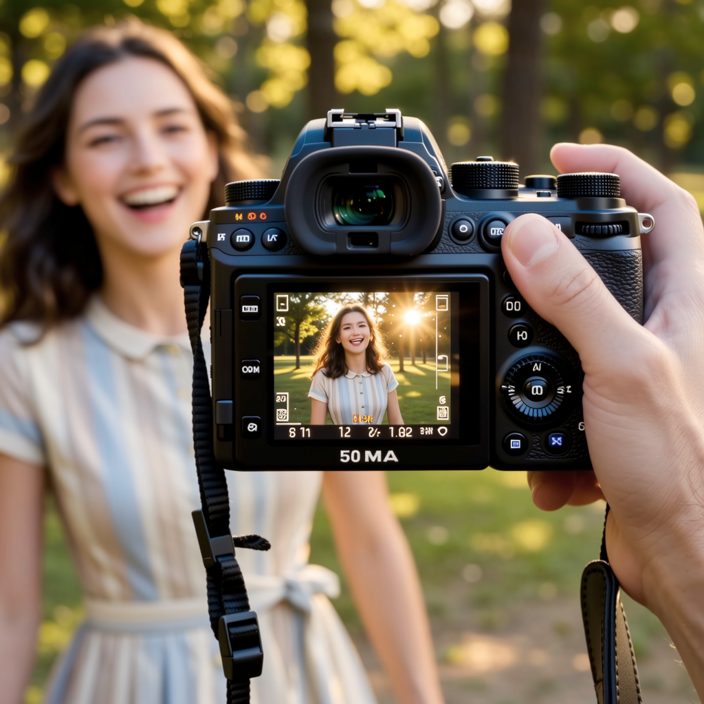 DSLR with 50mm prime lens taking portrait with soft blurred background