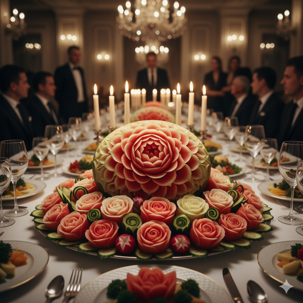 Banquet table with watermelon roses and carved vegetables as centerpiece.