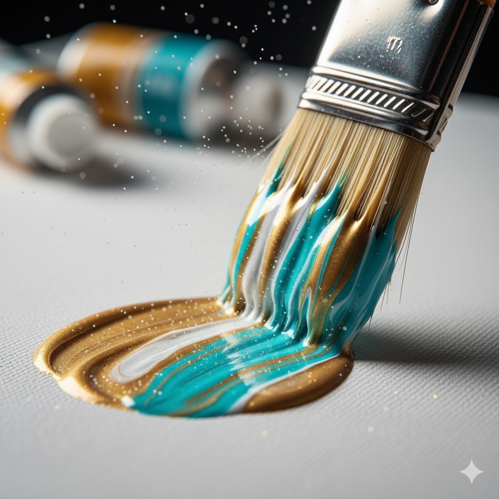 A paintbrush applies glowing colors onto a bright canvas, capturing the act of creation as renewal and release.