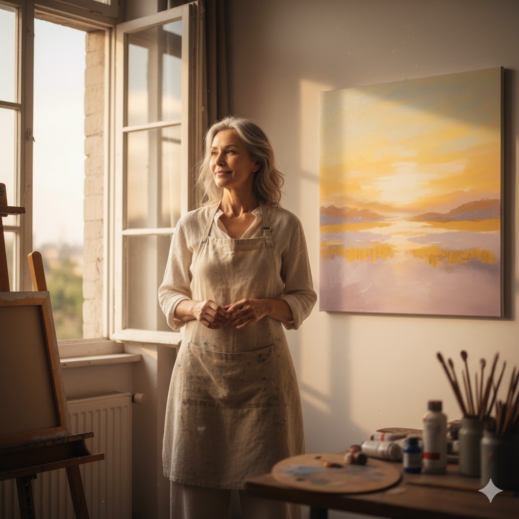 An artist stands in morning light, gazing at her finished painting with peace and gratitude — symbol of renewal and acceptance.