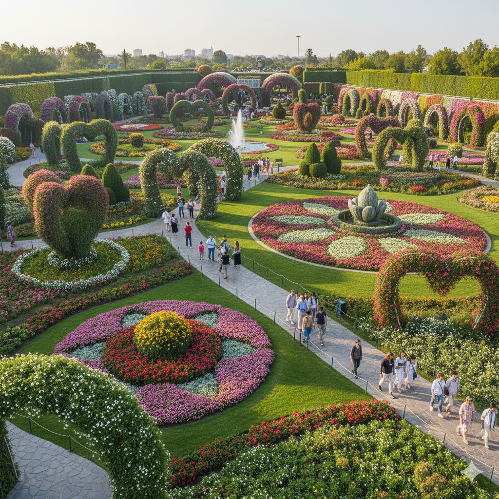 gemini1gardenawesome! Elegant visitors exploring a surreal gallery filled with classical sculptures, cosmic projections, and colorful abstract paintings under a glowing floor of light paths.