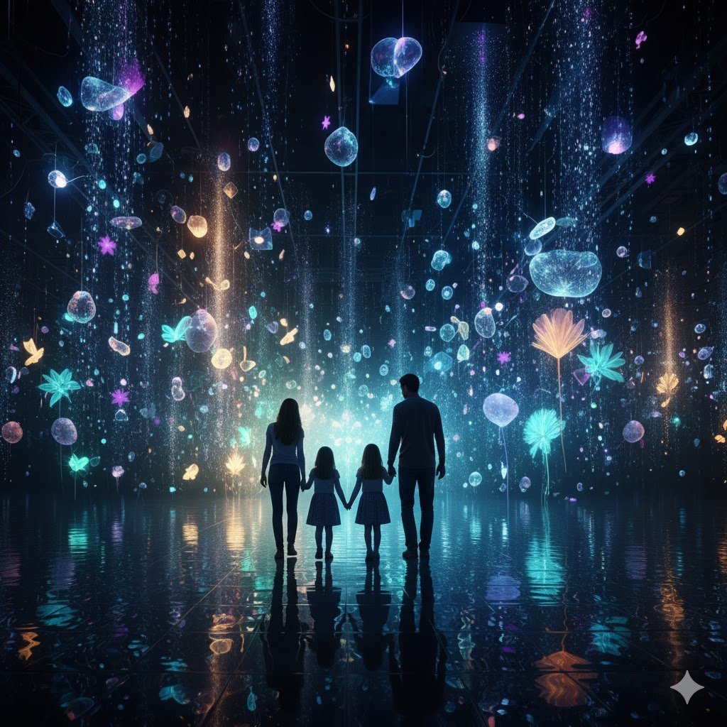 geminilabjapan1 Family exploring an interactive light art lab filled with floating geometric shapes and colorful projections reflected on water