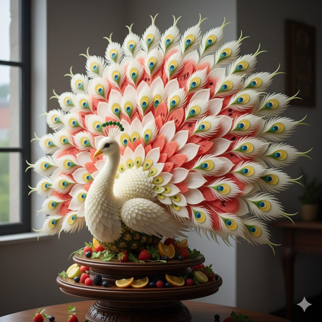 Exquisite white peacock fruit sculpture carved from melon and radish, displaying intricate feather details and fine edible artistry.