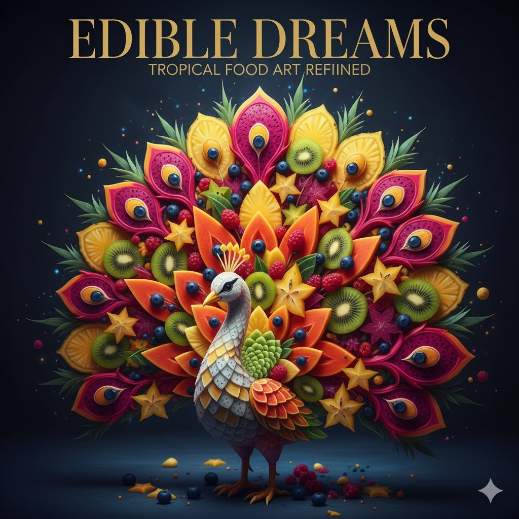 geminiwowpeacock1 Intricate tropical food art sculpture of a peacock made from colorful fruits like kiwi, papaya, and starfruit, symbolizing creativity and refined edible craftsmanship.