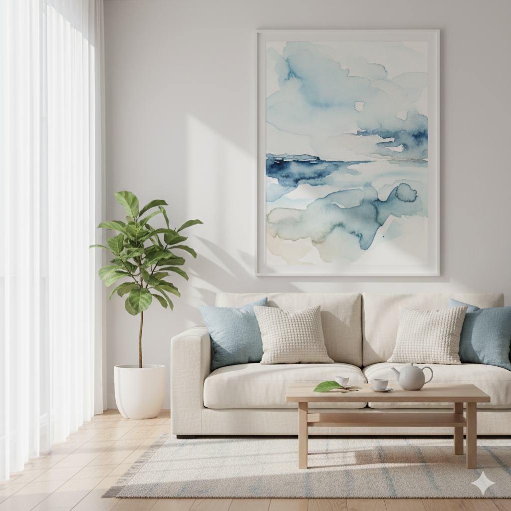Serene interior with abstract watercolor art evoking mindfulness.