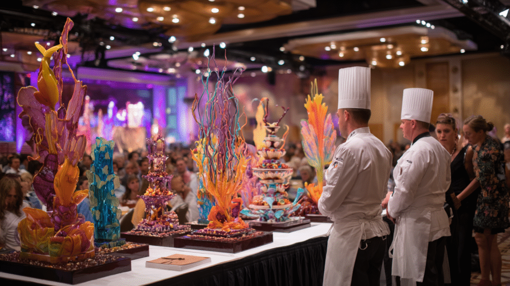 Pastry chefs presenting edible sculptures at a competition.2