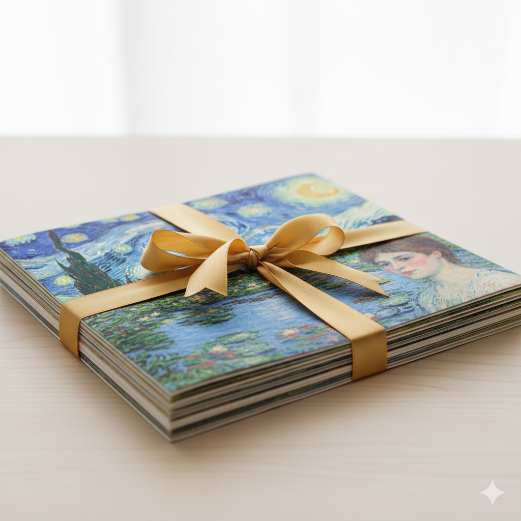 Illustration of downloadable art prints tied with a golden ribbon, symbolizing curated bundles for wall decor and collectors.
