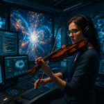 A woman playing a violin inside a modern tech studio, surrounded by computer monitors displaying abstract colorful visuals and glowing digital interfaces.