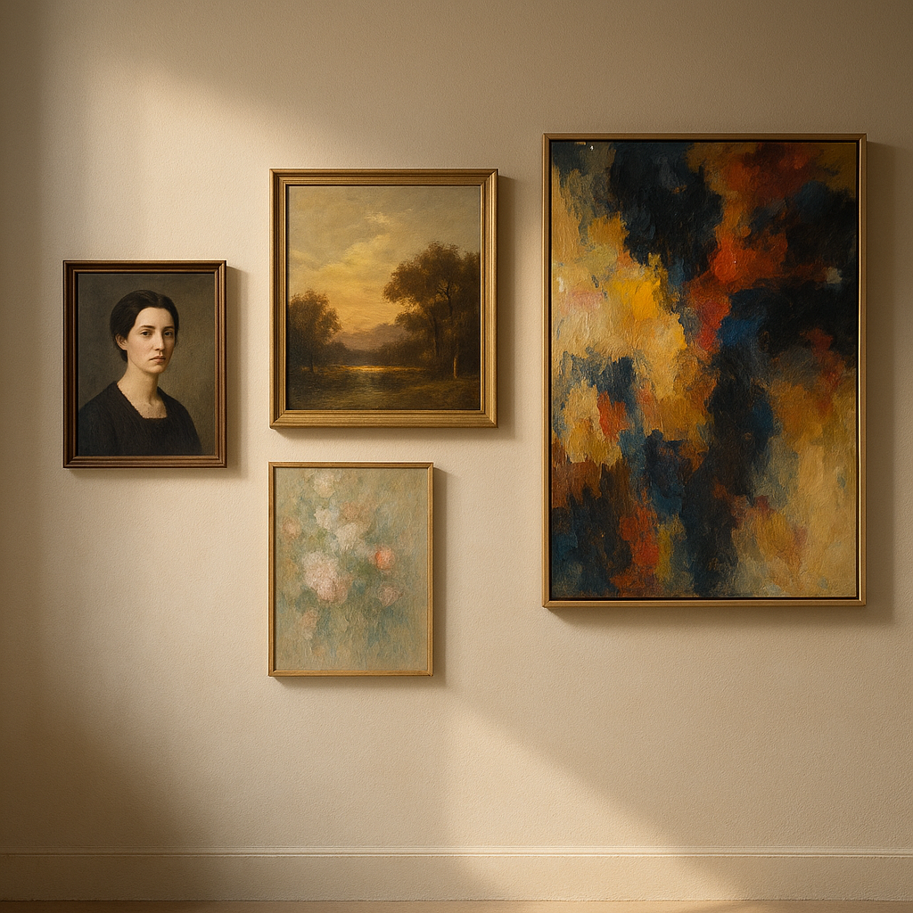 Gallery wall of framed classical and abstract artworks arranged with warm natural lighting.
