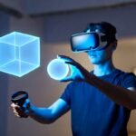 A person wearing a sleek VR or MR headset (Apple Vision Pro style) inside a minimal bright room.