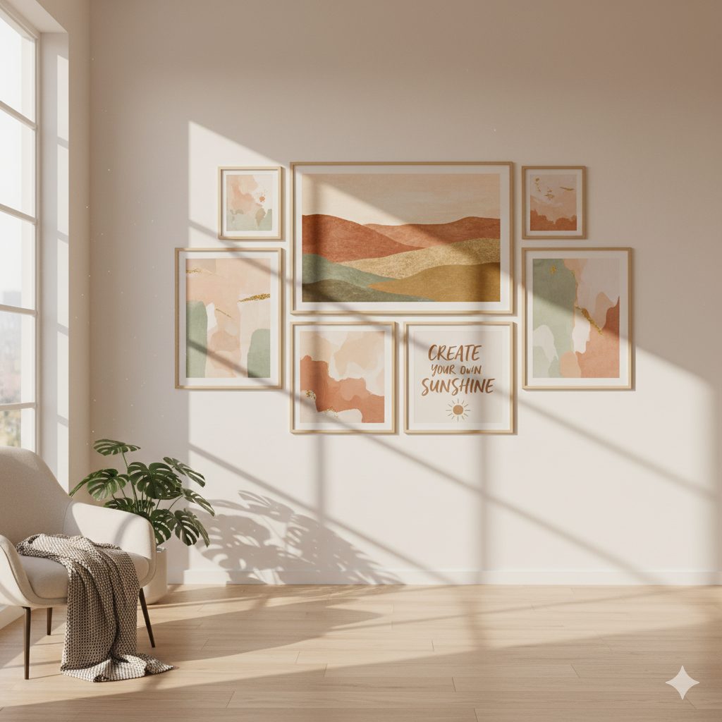 Gallery-style wall arrangement of framed artworks in soft, balanced tones, expressing the mature presence of an emerging artist’s visual identity.
