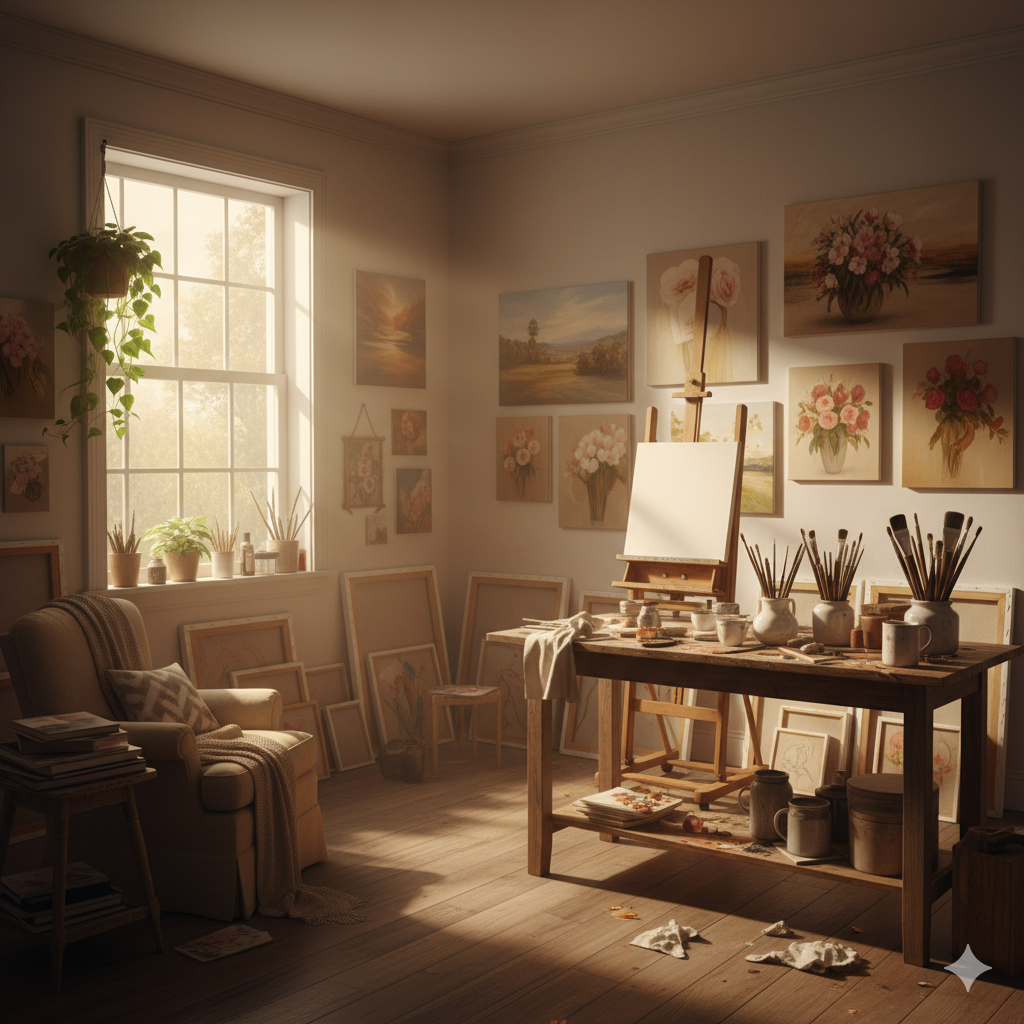 Warm sunlight illuminating a small art studio with unfinished canvases and brushes arranged on a desk.
