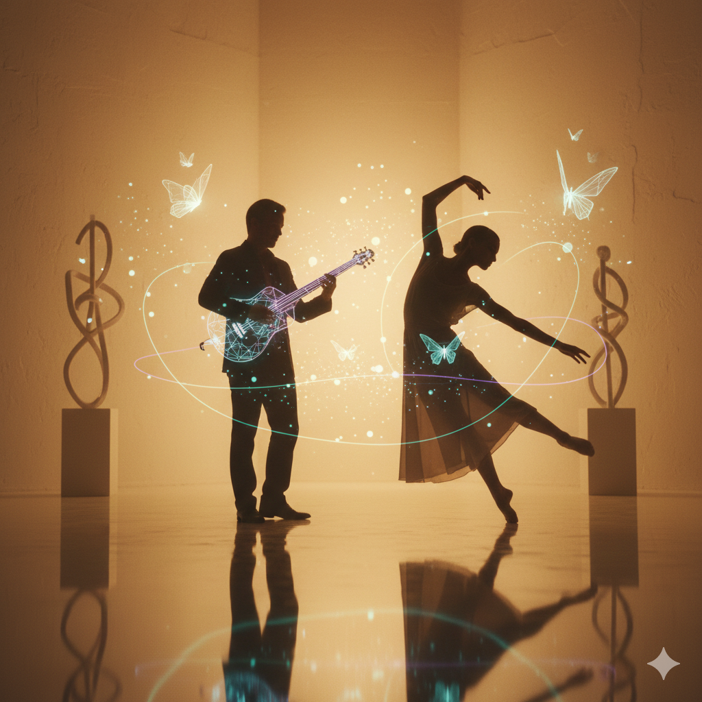 geminimusic Hyperrealistic AI-generated image of a symbolic musician and dancer standing together in harmony, representing the union between human artistry and AI creativity.
