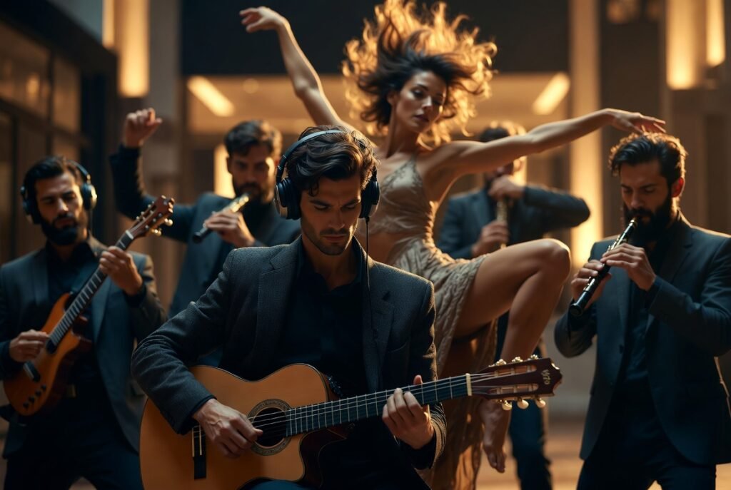 portrait of a modern performance group: four musicians with striking contemporary presence — confident stances, expressive eyes, stylish clothing reminiscent of current progressive-rock and electronic live shows