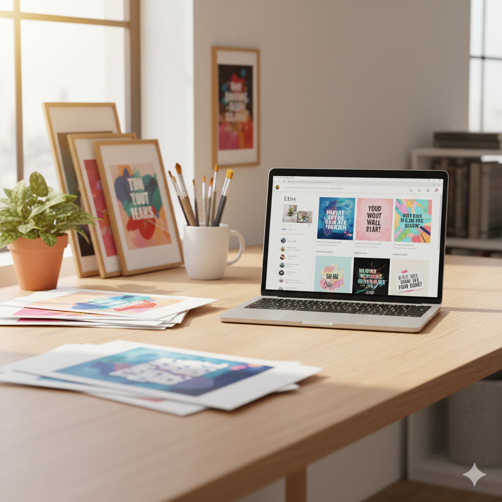 Art workspace with printed pieces and an open Etsy shop on a laptop, representing the bridge between creation and distribution for emerging artists.
