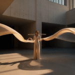 A visitor standing in a minimal Apple-style interactive installation where soft white light bands respond to subtle hand movements in a pristine, clean architectural space.