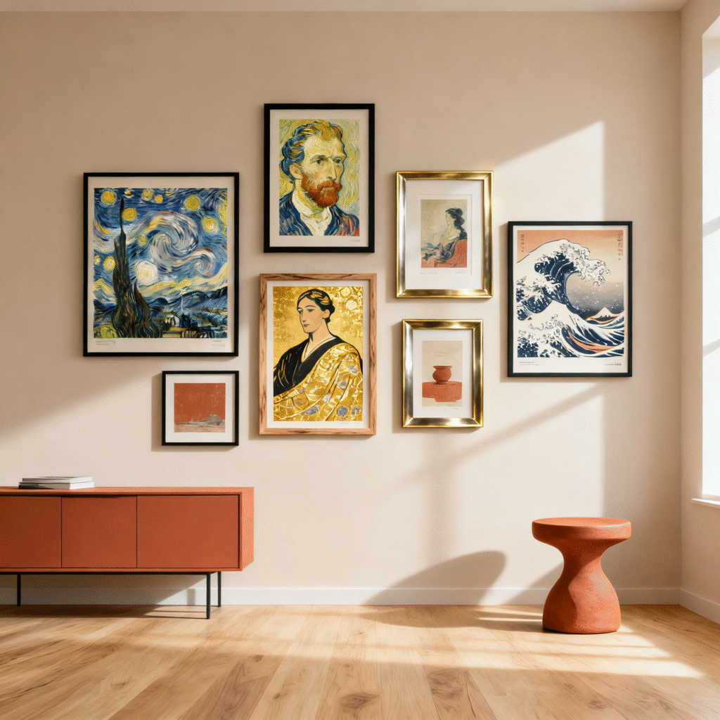 Digital collage featuring framed artwork inspired by Van Gogh, Monet, Frida Kahlo, and Klimt, arranged on a modern gallery wall.
