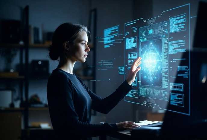 A woman illuminated by vibrant neon projections types virtual digital.