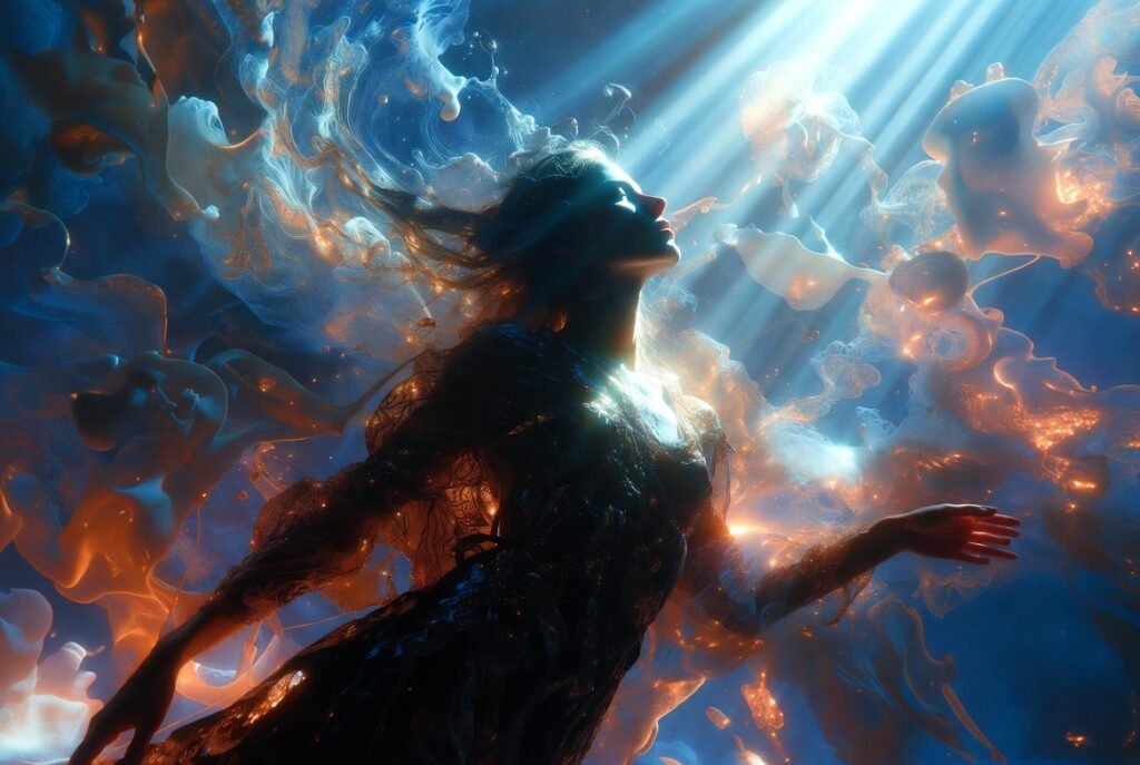 Surreal editorial artwork inspired by Trentemøller’s music, elegant human presence subtly integrated into a luminous abstract space, flowing light beams and rhythmic color pulses responding to sound